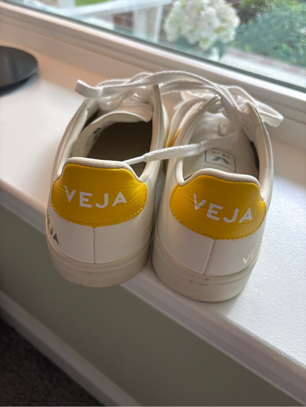 Veja White Leather Sneakers with Yellow V Detail - Picture 3 of 5